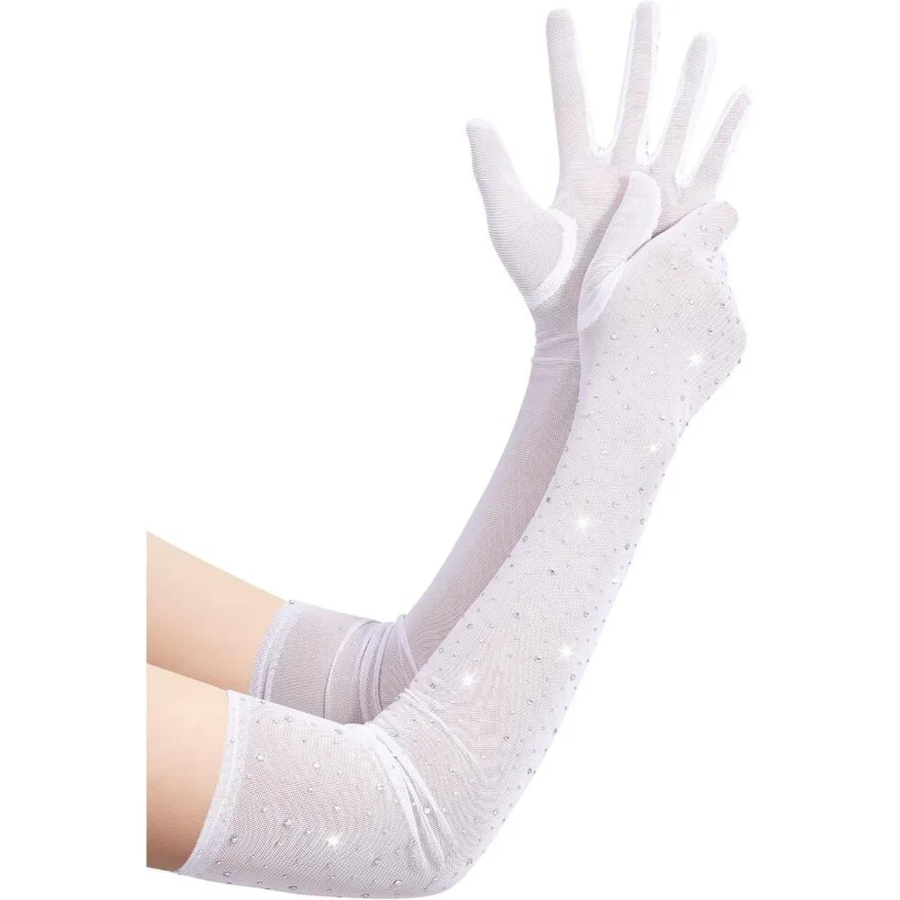Women's Rhinestone White Sparkly Elbow Length Mesh Long Gloves Party Accessory